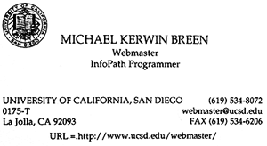 UC San Diego Webmaster business card